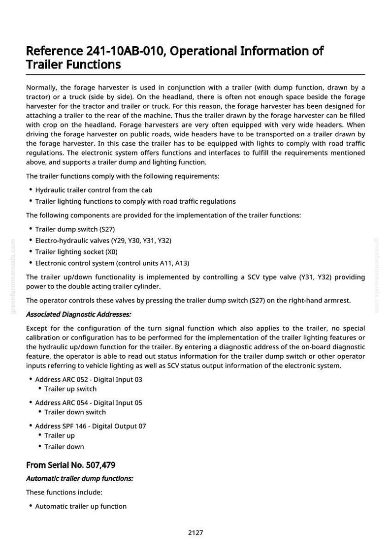 May include: Document titled "Reference 241-10AB-010, Operational Information of Trailer Functions." The text describes the functions of a forage harvester trailer, including hydraulic control, lighting, and diagnostic addresses.