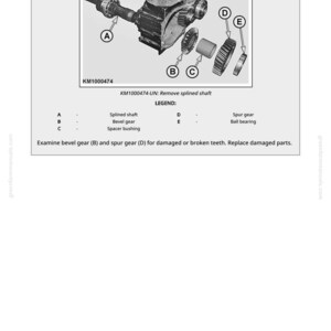 May include: Technical diagram showing mechanical components, including a splined shaft, bevel gear, and spur gear, labelled A to E. Text reads "KM1000474-UN: Remove splined shaft." Measurements are not applicable.