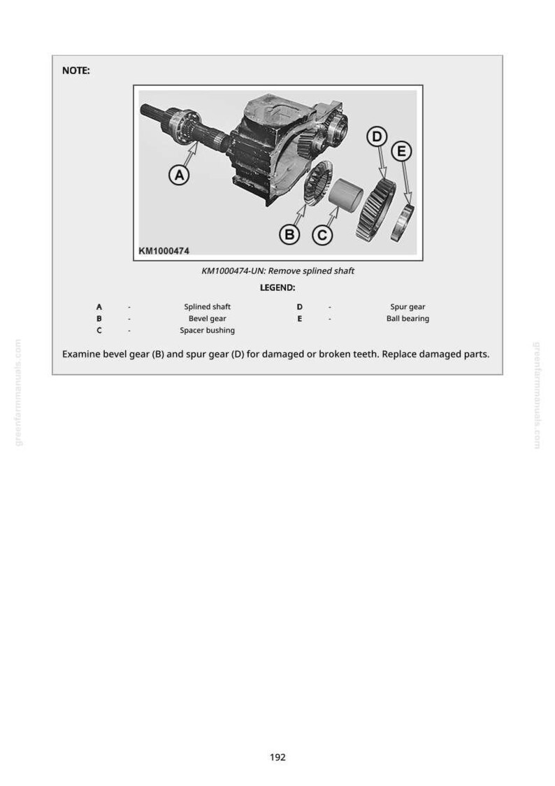 May include: Technical diagram showing mechanical components, including a splined shaft, bevel gear, and spur gear, labelled A to E. Text reads "KM1000474-UN: Remove splined shaft." Measurements are not applicable.