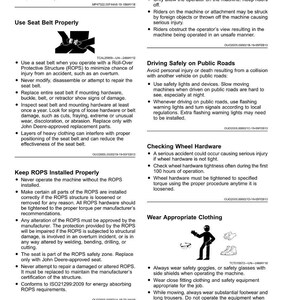 May include: A safety information sheet detailing operational guidelines. It covers seat belt use, ROPS installation, and safe driving on public roads. Instructions are given for checking wheel hardware and wearing appropriate clothing.