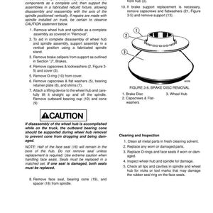 May include: Diagram of brake disc removal, with labeled parts including brake disc, capscrews, flat washers, and wheel hub. Instructions detail disassembly steps for automotive repair, with safety cautions and cleaning guidelines.