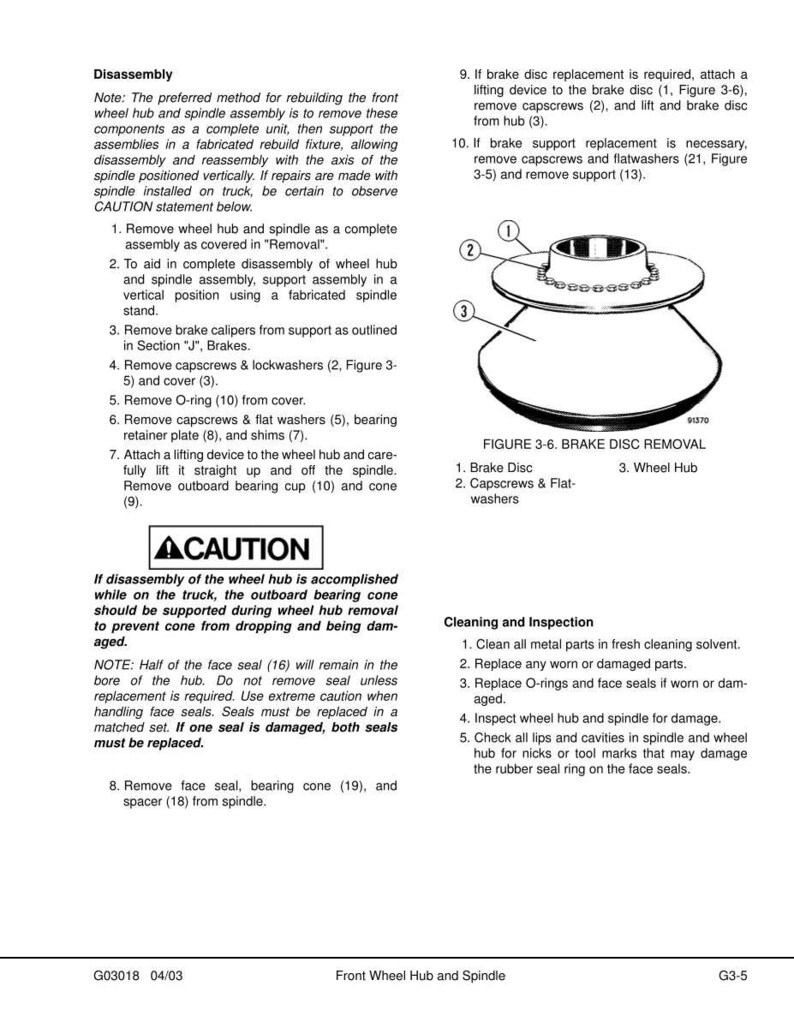 May include: Diagram of brake disc removal, with labeled parts including brake disc, capscrews, flat washers, and wheel hub. Instructions detail disassembly steps for automotive repair, with safety cautions and cleaning guidelines.