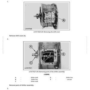 Op de afbeelding: Diagram van het demonteren van de versnellingsbak. De afbeelding toont twee gedetailleerde illustraties met labels en pijlen die naar specifieke onderdelen wijzen. Tekst bevat instructies en een legenda voor de schakelconstructie.