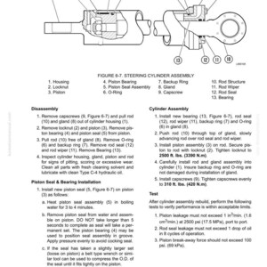May include: Diagram of a steering cylinder assembly with labeled parts including housing, piston, and rod structure. The image provides instructions for disassembly, installation, and testing of the components. Measurements are in cm and kg.