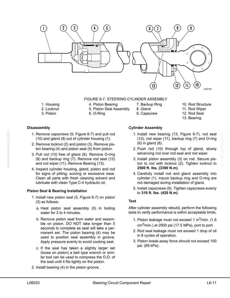 May include: Diagram of a steering cylinder assembly with labeled parts including housing, piston, and rod structure. The image provides instructions for disassembly, installation, and testing of the components. Measurements are in cm and kg.