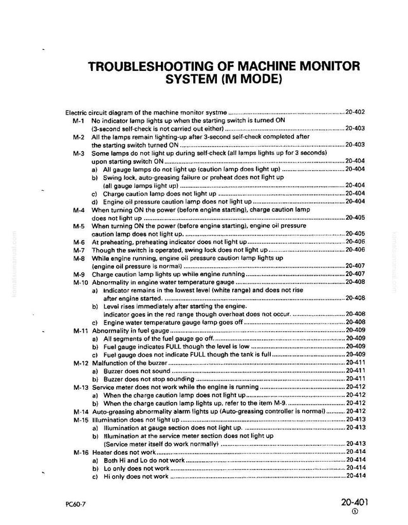 Puede incluir: Una gu&iacute;a de soluci&oacute;n de problemas para un sistema de monitor de m&aacute;quina (Modo M). El documento enumera posibles problemas con el sistema, incluidos problemas con l&aacute;mparas, medidores y el zumbador. El texto es negro sobre fondo blanco.