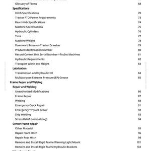 May include: A white page with a table of contents from a manual. The text includes specifications for tractors, frame repair, welding, and lubrication. Page numbers are listed on the right side.