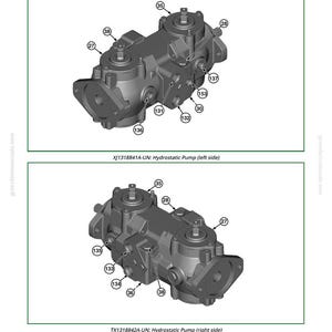 Pu&ograve; includere: Diagramma del funzionamento di una pompa idrostatica, con due illustrazioni dettagliate dei lati sinistro e destro della pompa. Ogni diagramma &egrave; etichettato con numeri di parte e include il testo "Hydrostatic Pump Operation".