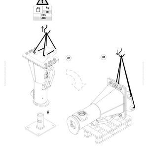 May include: An engineering diagram of Komatsu machinery components. The image shows two large metal pieces with lifting points, along with a weight warning indicating a maximum lift of 496 lbs. The diagram includes arrows and labels for assembly.