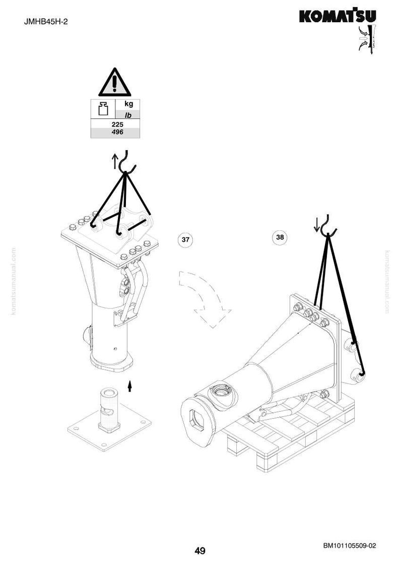 May include: An engineering diagram of Komatsu machinery components. The image shows two large metal pieces with lifting points, along with a weight warning indicating a maximum lift of 496 lbs. The diagram includes arrows and labels for assembly.