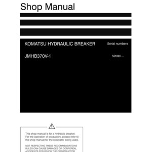 May include: A white shop manual with the title "Shop Manual" at the top. The manual includes the text "KOMATSU HYDRAULIC BREAKER" and "JMHB370V-1". The Komatsu logo is at the bottom.