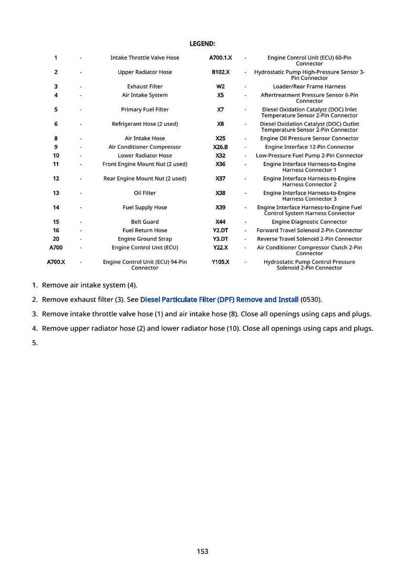 May include: Diagram of engine components with a legend. Includes parts like the intake throttle valve hose, exhaust filter, and oil filter. Also lists connectors and instructions for removal and installation of parts.