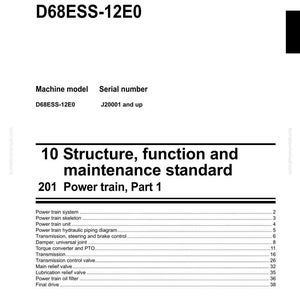 May include: Shop manual for a D68ESS-12E0 bulldozer. The document includes the title "10 Structure, function and maintenance standard" and "201 Power train, Part 1". The Komatsu logo is visible at the bottom.