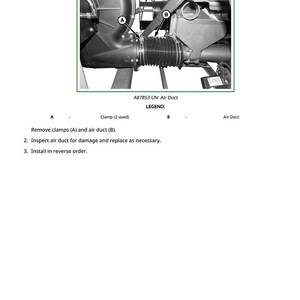 May include: Diagram illustrating the removal and installation of a blower-to-meter air duct. The image shows the air duct, clamps, and related components, with labels A and B. Text instructions are provided below the diagram.