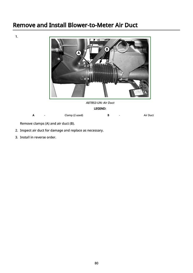 May include: Diagram illustrating the removal and installation of a blower-to-meter air duct. The image shows the air duct, clamps, and related components, with labels A and B. Text instructions are provided below the diagram.