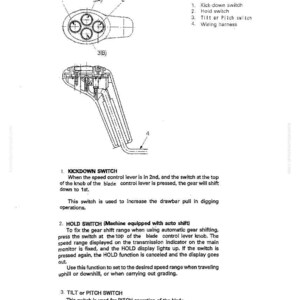 May include: Diagram of a blade control switch with labels for kick-down, hold, and tilt or pitch functions. The diagram includes a detailed illustration of the switch mechanism and its components, with accompanying text explaining each function.