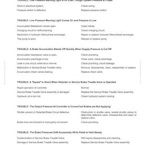 May include: A diagnostic chart with troubleshooting steps for a brake circuit. The text lists possible causes and suggested corrective actions for various brake system issues, including low pressure warnings and accumulator problems.