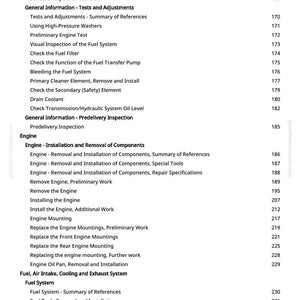 Pode incluir: Uma p&aacute;gina branca de um manual com um &iacute;ndice. O texto inclui se&ccedil;&otilde;es sobre componentes do motor, sistemas de combust&iacute;vel e informa&ccedil;&otilde;es gerais. Os n&uacute;meros das p&aacute;ginas est&atilde;o listados &agrave; direita.