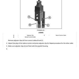 May include: Diagram of a mechanical component with labels A, B, and C. The diagram includes instructions for removing the cover and adjusting the cable. Text includes "Adjuster Clip" and "Boom Control Cable."