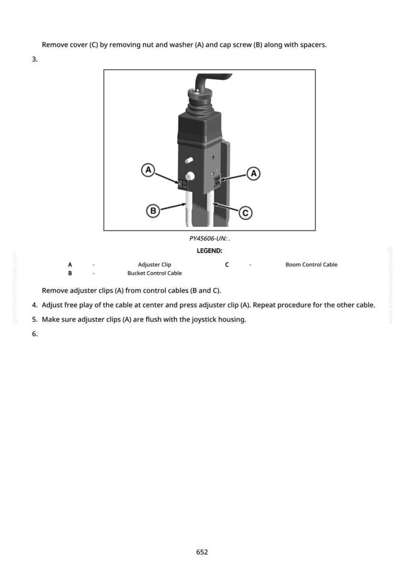 May include: Diagram of a mechanical component with labels A, B, and C. The diagram includes instructions for removing the cover and adjusting the cable. Text includes "Adjuster Clip" and "Boom Control Cable."