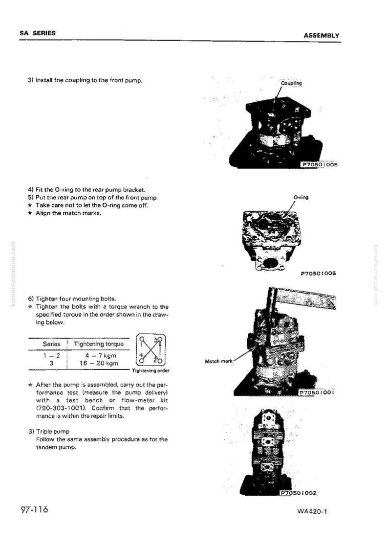May include: Assembly diagram from the SA Series, showing the installation of a coupling, O-ring, and pump components. Includes tightening torque specifications in kgm and a tightening order diagram.