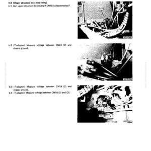 Pode incluir: Um diagrama t&eacute;cnico com o t&iacute;tulo "POSI&Ccedil;&Atilde;O DOS CONECTORES PARA RESOLU&Ccedil;&Atilde;O DE PROBLEMAS". A imagem mostra vistas de perto dos conectores rotulados CN18, CN24 e CN19, com texto que detalha as medi&ccedil;&otilde;es de tens&atilde;o e as etapas de solu&ccedil;&atilde;o de problemas. O documento est&aacute; rotulado PC300,300LC-3.