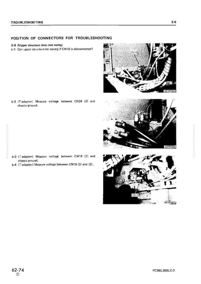 Pode incluir: Um diagrama t&eacute;cnico com o t&iacute;tulo "POSI&Ccedil;&Atilde;O DOS CONECTORES PARA RESOLU&Ccedil;&Atilde;O DE PROBLEMAS". A imagem mostra vistas de perto dos conectores rotulados CN18, CN24 e CN19, com texto que detalha as medi&ccedil;&otilde;es de tens&atilde;o e as etapas de solu&ccedil;&atilde;o de problemas. O documento est&aacute; rotulado PC300,300LC-3.