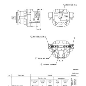 May include: Diagram of a swing motor, KMF160ABE 3, with labeled components and measurements in N-m. Includes a table detailing check valve spring specifications, including free length, installed length, and load.