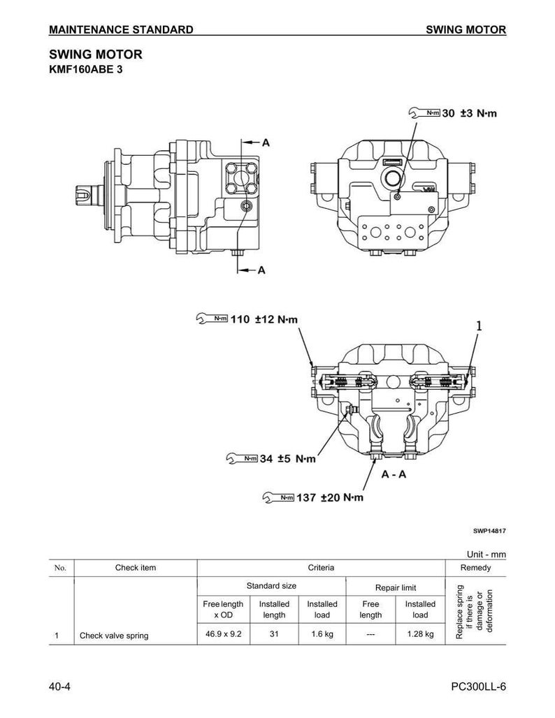 May include: Diagram of a swing motor, KMF160ABE 3, with labeled components and measurements in N-m. Includes a table detailing check valve spring specifications, including free length, installed length, and load.