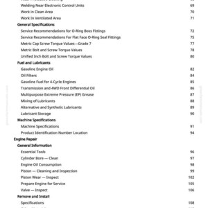 K&ouml;nnte beinhalten: Eine Seite aus einem Handbuch mit wei&szlig;em Hintergrund, die verschiedene Themen und Seitenzahlen auflistet. Zu den Themen geh&ouml;ren Motorreparatur, Kraftstoff, Schmiermittel und Maschinenspezifikationen. Der Text ist schwarz.