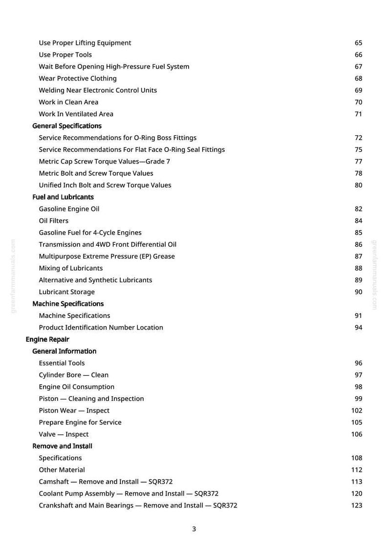 K&ouml;nnte beinhalten: Eine Seite aus einem Handbuch mit wei&szlig;em Hintergrund, die verschiedene Themen und Seitenzahlen auflistet. Zu den Themen geh&ouml;ren Motorreparatur, Kraftstoff, Schmiermittel und Maschinenspezifikationen. Der Text ist schwarz.