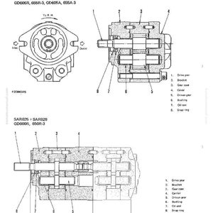 Pu&ograve; includere: Diagramma tecnico di una pompa del servosterzo, che mostra componenti interni come ingranaggio di trasmissione, staffa e scatola ingranaggi. L'immagine include viste dall'alto e laterali, con i modelli SAR025, GD606R e GD600R. Il diagramma &egrave; per la serie GD600-3.