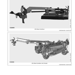 May include: Two grayscale images of agricultural machinery, labeled "Identification Views." The top image shows a 635 Mower-Conditioner. The bottom image depicts a 635 Mower-Conditioner with Grouper. Both images include model numbers and technical details.