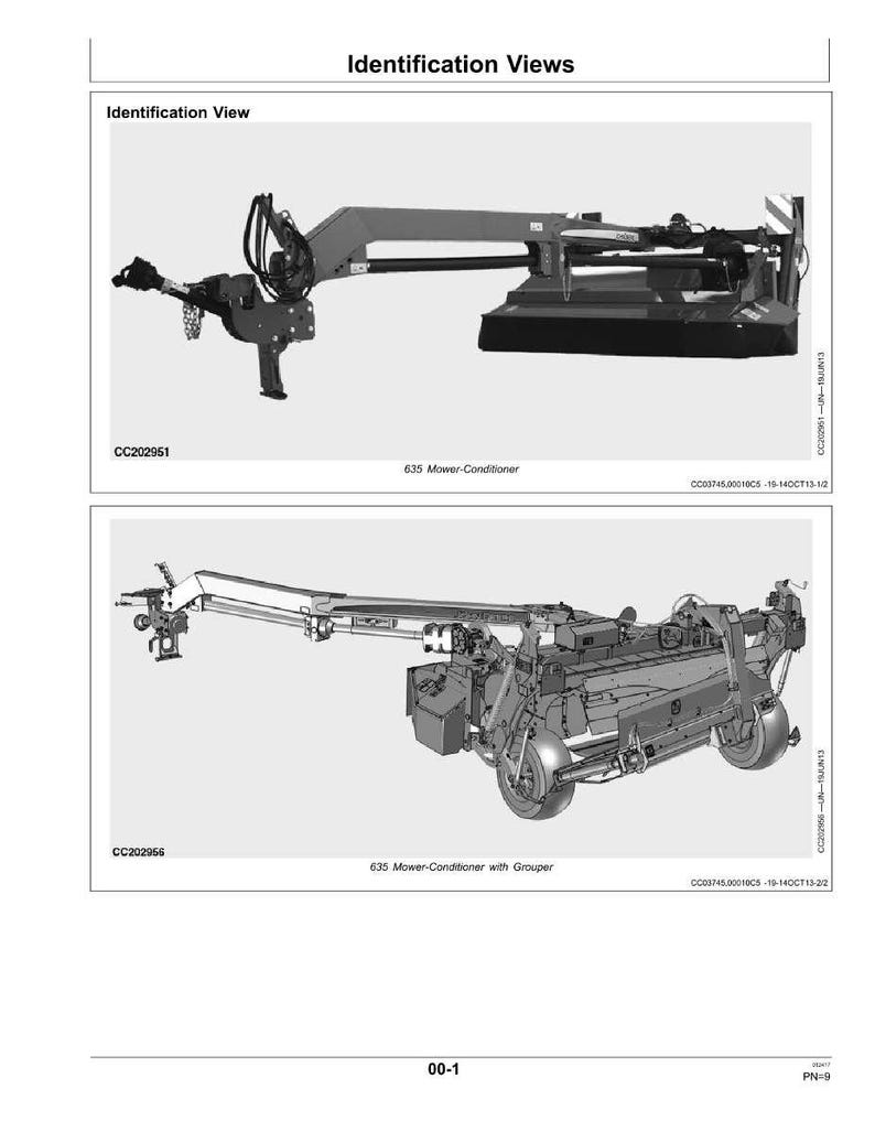 May include: Two grayscale images of agricultural machinery, labeled "Identification Views." The top image shows a 635 Mower-Conditioner. The bottom image depicts a 635 Mower-Conditioner with Grouper. Both images include model numbers and technical details.