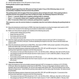 May include: A page from a Komatsu manual detailing brake system checkout procedures. The text includes instructions for testing and adjusting the parking brake, with specifications in kPa and psi. The document is labelled 30 Test and Adjust.