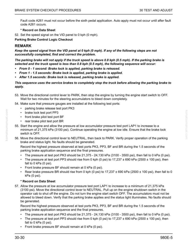 May include: A page from a Komatsu manual detailing brake system checkout procedures. The text includes instructions for testing and adjusting the parking brake, with specifications in kPa and psi. The document is labelled 30 Test and Adjust.
