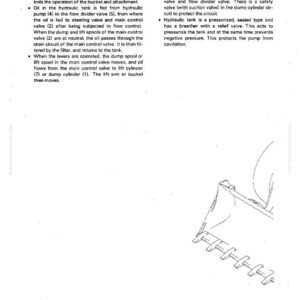 K&ouml;nnte beinhalten: Eine technische Zeichnung aus einem Handbuch mit Text, der die Komponenten und die Funktionsweise eines Hydrauliksystems beschreibt. Das Bild enth&auml;lt eine detaillierte Illustration eines Schaufelaufsatzes mit Beschriftungen und Anmerkungen.