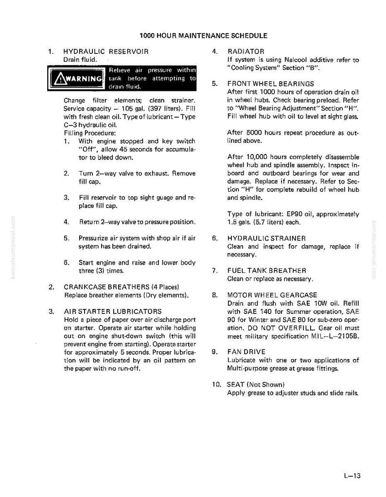 May include: A page from a maintenance manual detailing a 1000-hour maintenance schedule. The text includes instructions for hydraulic reservoir, crankcase breathers, air starter lubricators, radiator, front wheel bearings, and more. The manual is for a Komatsu machine.