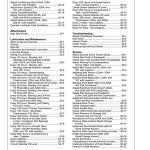 May include: A detailed table of contents from a manual, listing maintenance and service procedures for agricultural equipment. The document includes sections on lubrication, troubleshooting, and adjustments, with page numbers for easy reference.