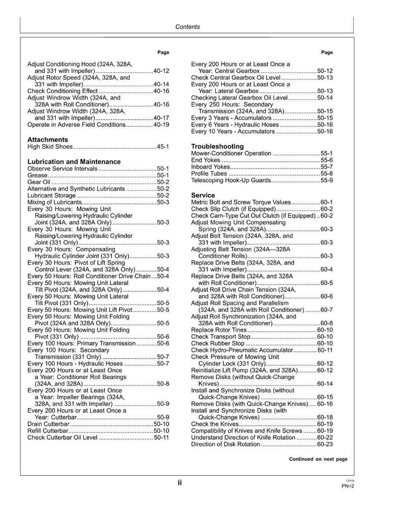 May include: A detailed table of contents from a manual, listing maintenance and service procedures for agricultural equipment. The document includes sections on lubrication, troubleshooting, and adjustments, with page numbers for easy reference.