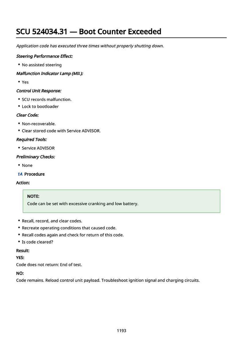 May include: A document with the title "SCU 524034.31 - Boot Counter Exceeded". The document details application code execution, steering performance, and control unit responses. It includes notes, procedures, and results.