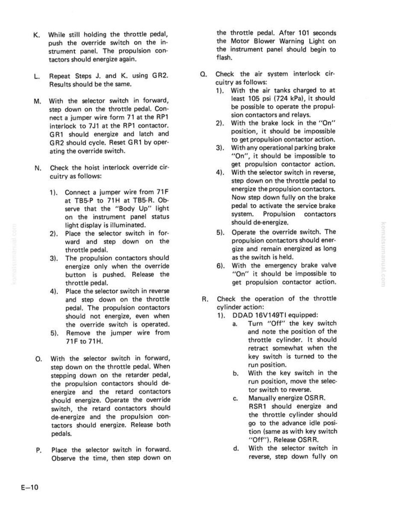 May include: A page from a manual with detailed instructions and diagrams for machinery operation. The text includes steps for checking and adjusting various systems, with specific component references and technical terms.