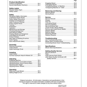 May include: A contents page from a mower manual, listing sections such as 'Safety Labels', 'Safety', and 'Service'. The manual provides instructions on operation, maintenance, and safety procedures for the mower.