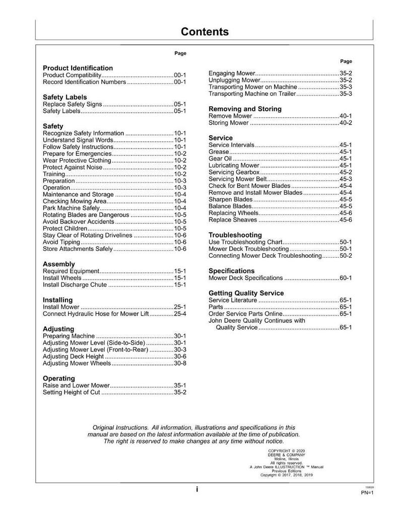 May include: A contents page from a mower manual, listing sections such as 'Safety Labels', 'Safety', and 'Service'. The manual provides instructions on operation, maintenance, and safety procedures for the mower.