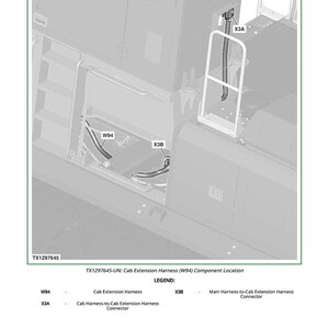 Peut inclure: Diagramme de l'emplacement des composants du faisceau d'extension de cabine, intitul&eacute; "Emplacement des composants du faisceau d'extension de cabine (W94)." L'image comprend des &eacute;tiquettes pour W94, X3B et X3A, avec une l&eacute;gende expliquant chaque composant.
