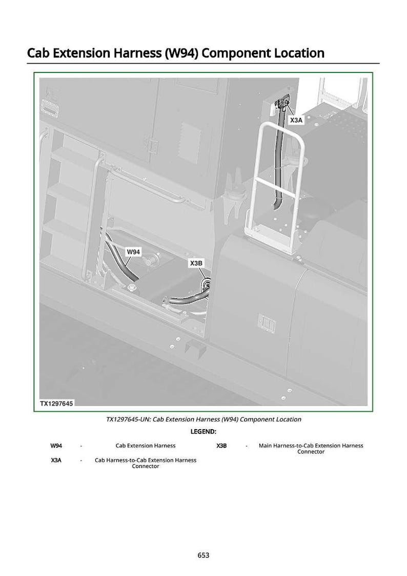 Peut inclure: Diagramme de l'emplacement des composants du faisceau d'extension de cabine, intitul&eacute; "Emplacement des composants du faisceau d'extension de cabine (W94)." L'image comprend des &eacute;tiquettes pour W94, X3B et X3A, avec une l&eacute;gende expliquant chaque composant.