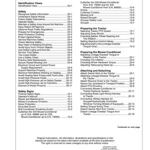 May include: A table of contents from a manual, listing safety, operation, and maintenance topics for a mower-conditioner. The document includes sections on safety signs, tractor preparation, and attaching/detaching components.