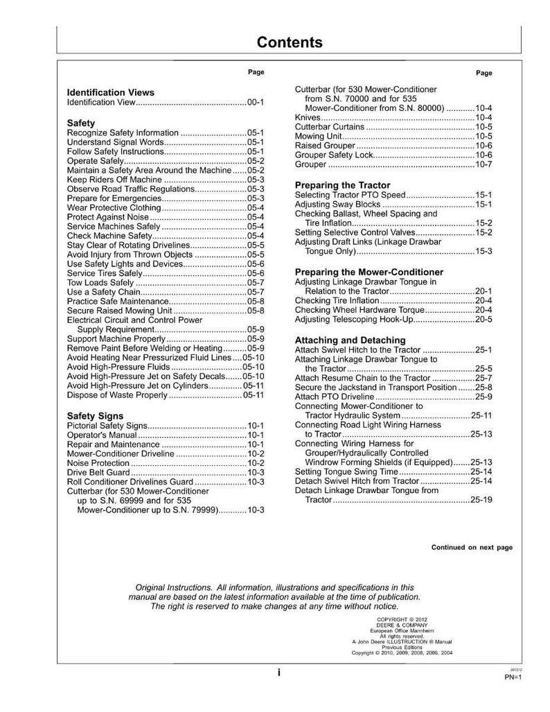 May include: A table of contents from a manual, listing safety, operation, and maintenance topics for a mower-conditioner. The document includes sections on safety signs, tractor preparation, and attaching/detaching components.