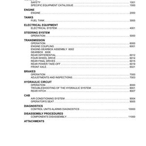 May include: A printed table of contents from a manual, featuring the "ARGO TRACTORS" logo at the top. The document lists various sections, including "Engine," "Transmission," and "Brakes," with corresponding section numbers.