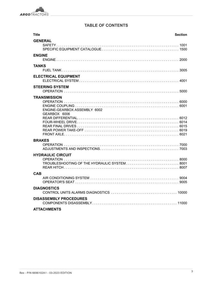 May include: A printed table of contents from a manual, featuring the "ARGO TRACTORS" logo at the top. The document lists various sections, including "Engine," "Transmission," and "Brakes," with corresponding section numbers.